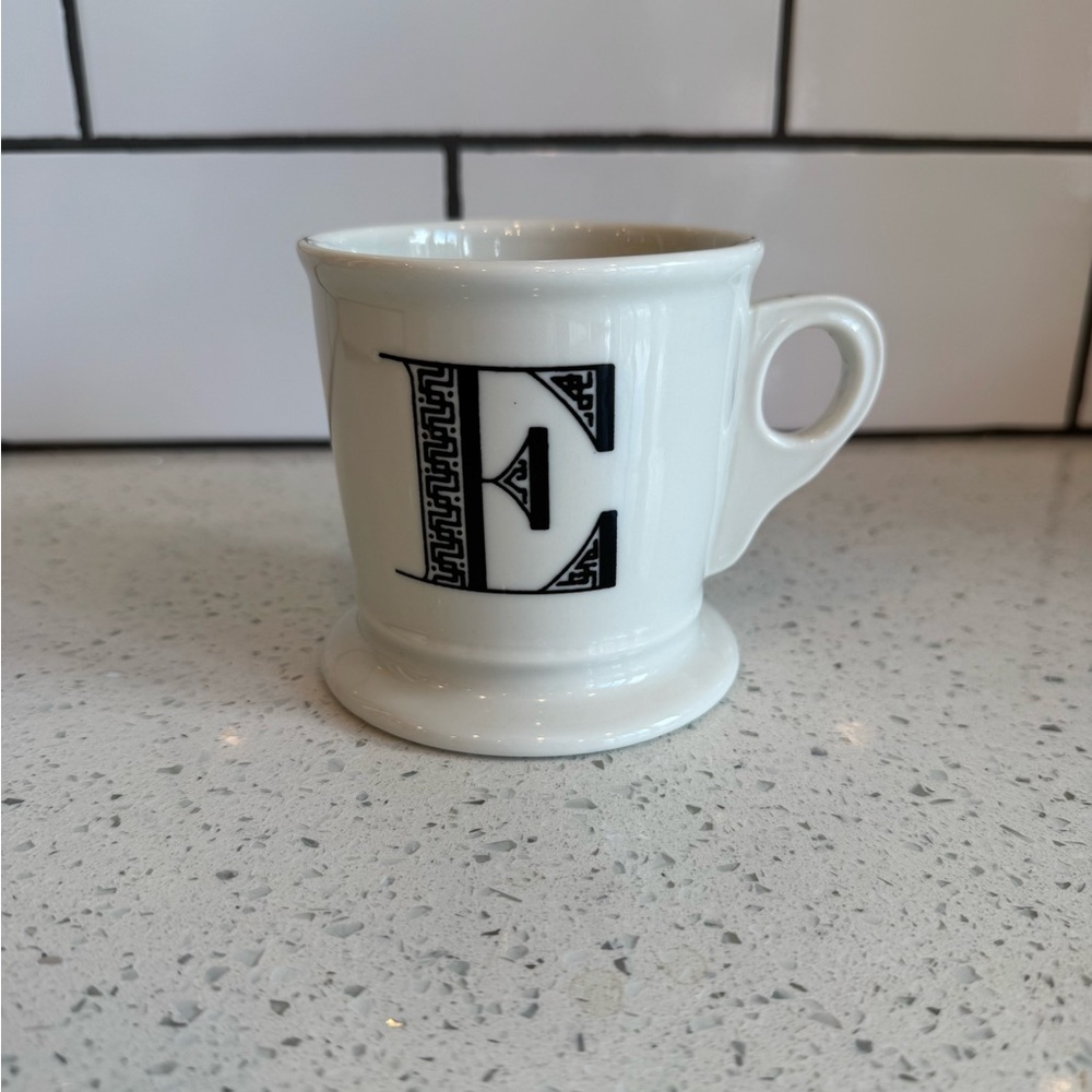 NWOT Anthropologie Monogram “E” Shaving Style Mug White w/ Black Initial